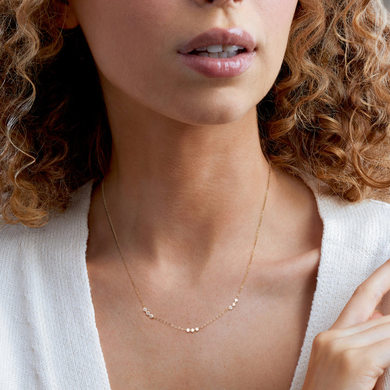 10kt yellow gold lab-grown diamond station necklace, small round stones on chain