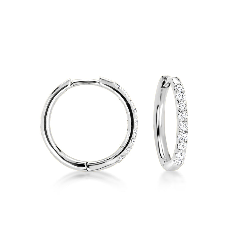 Lab-grown diamond hoop earrings in white gold, one front view and one side view