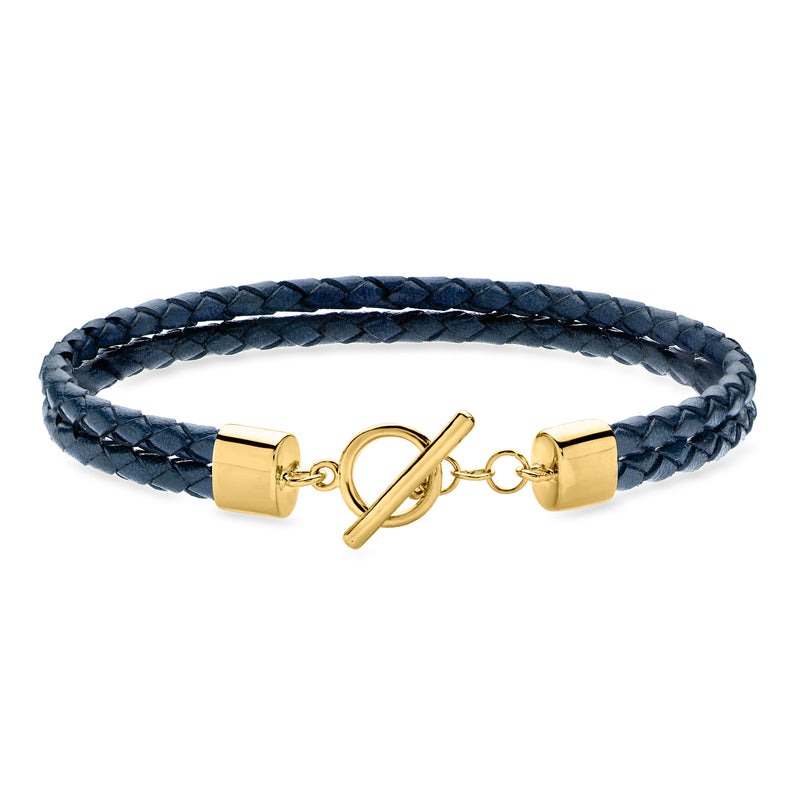 Navy blue braided leather toggle bracelet with gold clasp and chain links