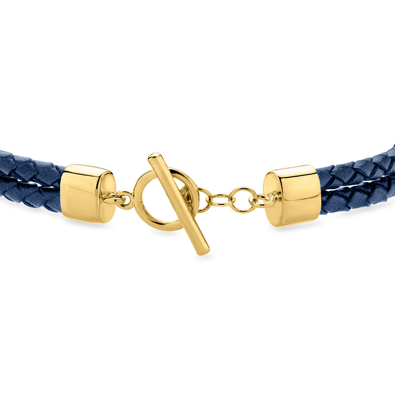 Navy blue braided leather bracelet with gold toggle clasp and end caps