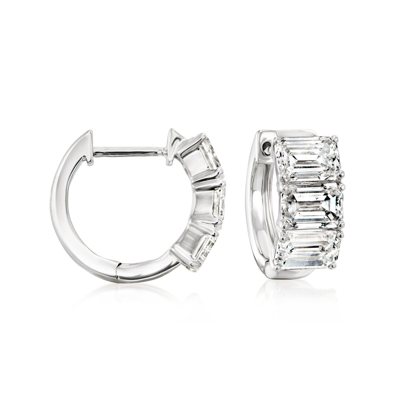 Emerald-cut lab-grown diamond huggie hoop earrings in 14kt white gold, pair view