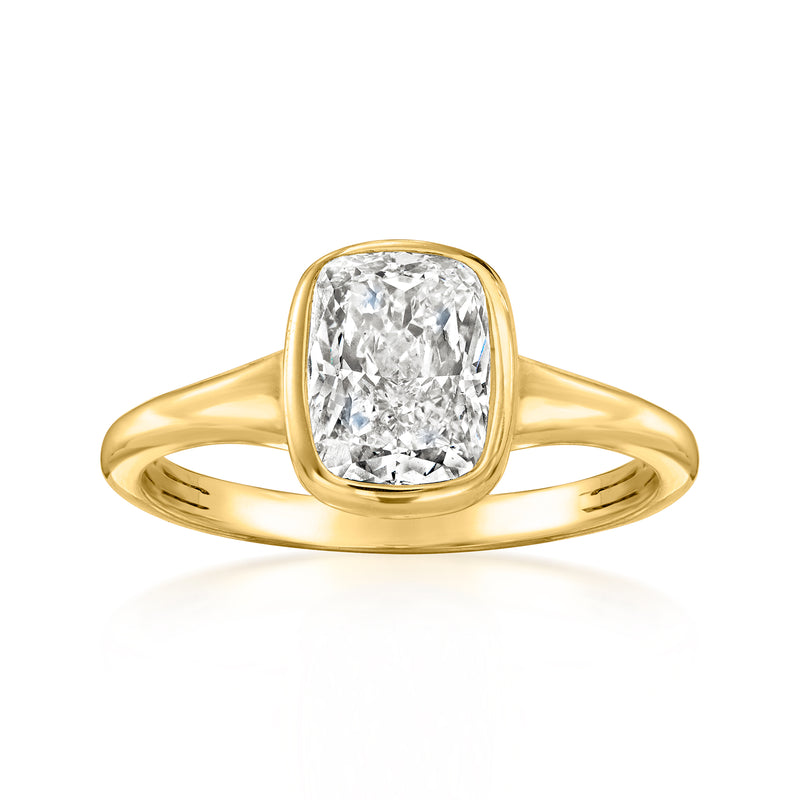 14kt yellow gold bezel-set lab-grown diamond ring with cushion-cut center stone