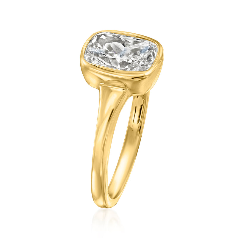14kt yellow gold bezel-set cushion-cut diamond ring, side profile