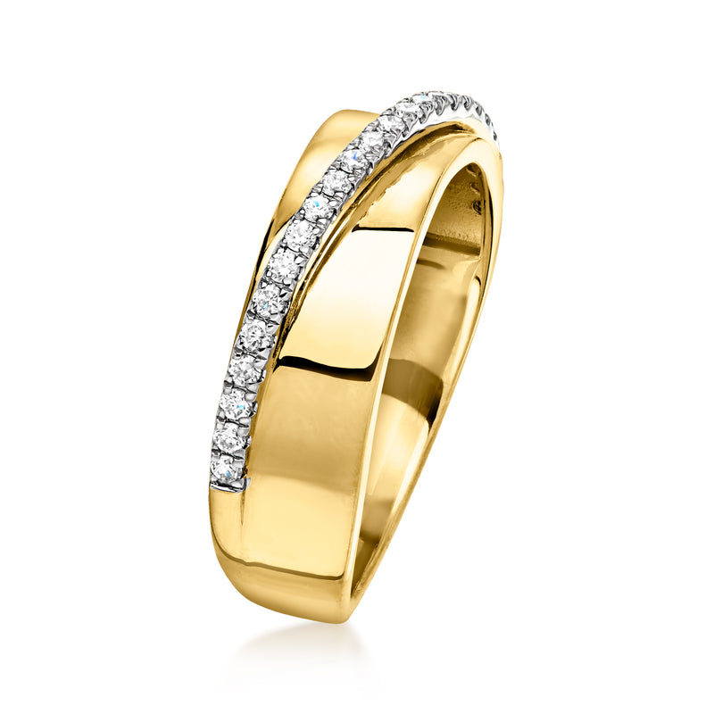 Gold-toned ring side view with raised channel-set diamond diagonal stripe