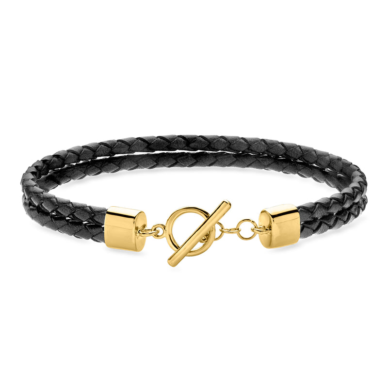 Black braided leather toggle bracelet with gold-tone clasp and end caps