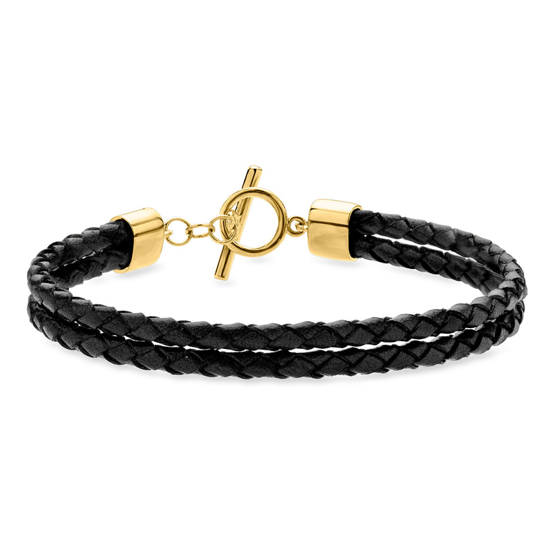 Braided black leather bracelet with gold-tone round toggle and linked clasp