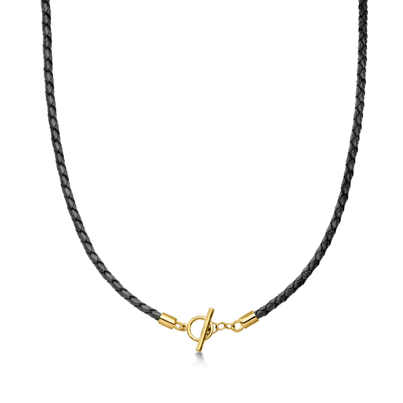 Black leather braided toggle necklace with gold clasp, short length