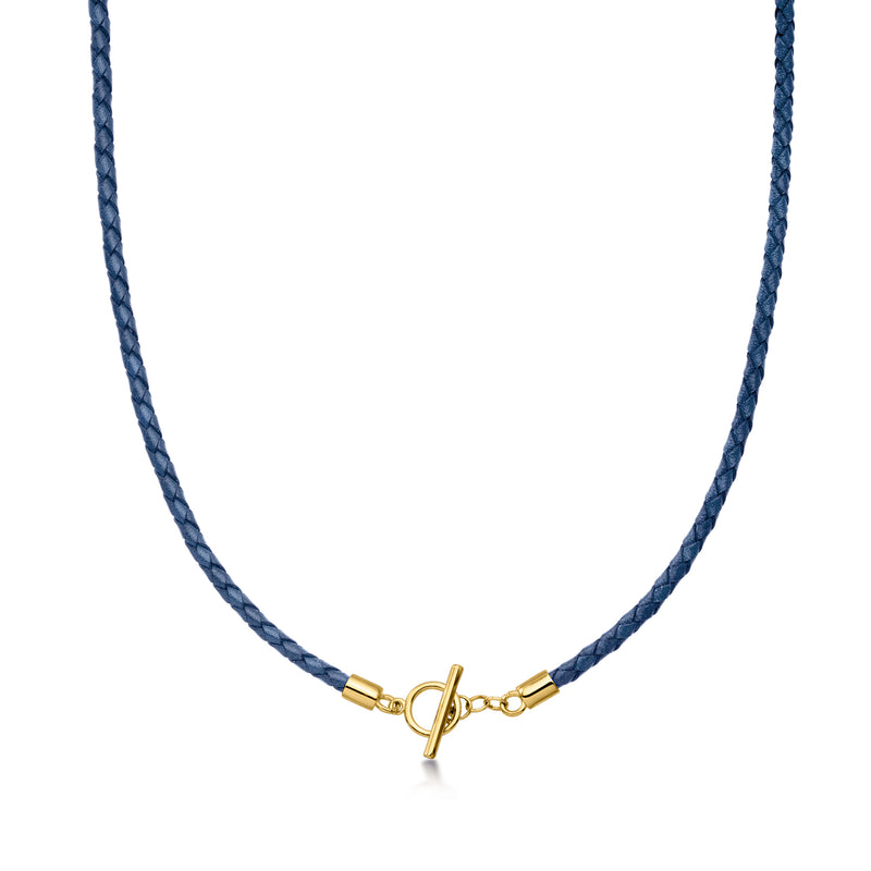 Blue braided leather toggle necklace with gold clasp at center