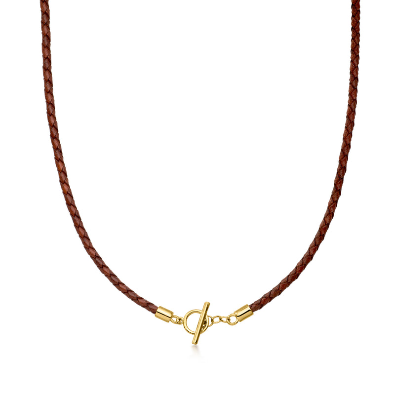 Italian brown leather braided toggle necklace with gold clasp and loop detail