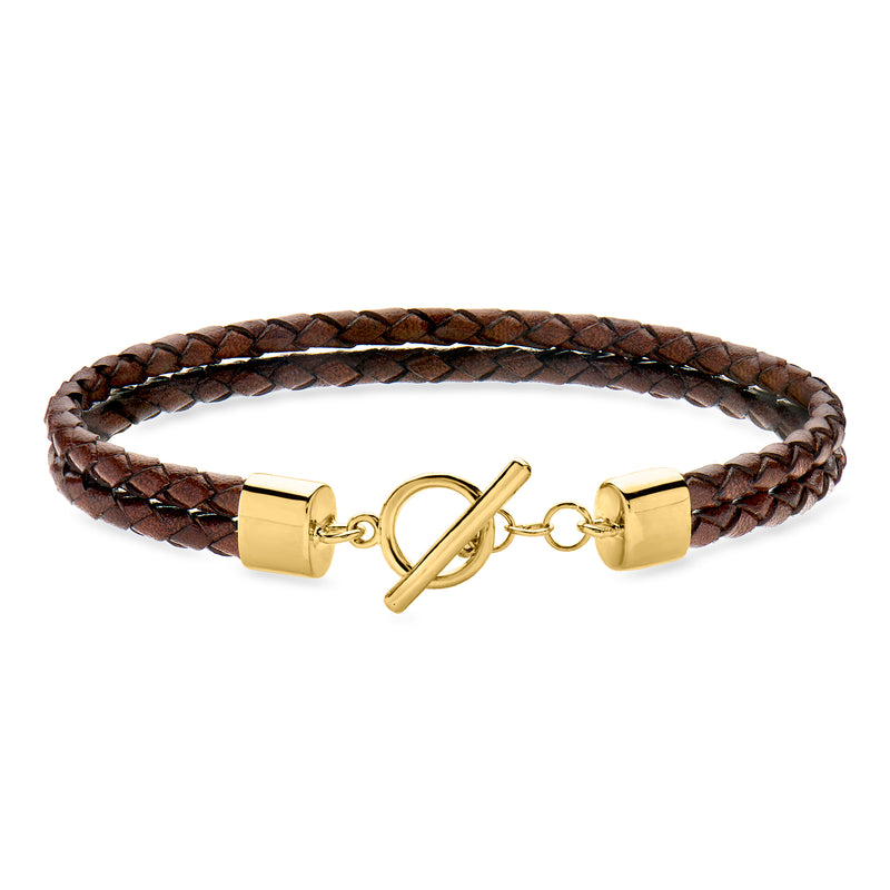 Brown braided leather toggle bracelet with gold-tone anchor clasp