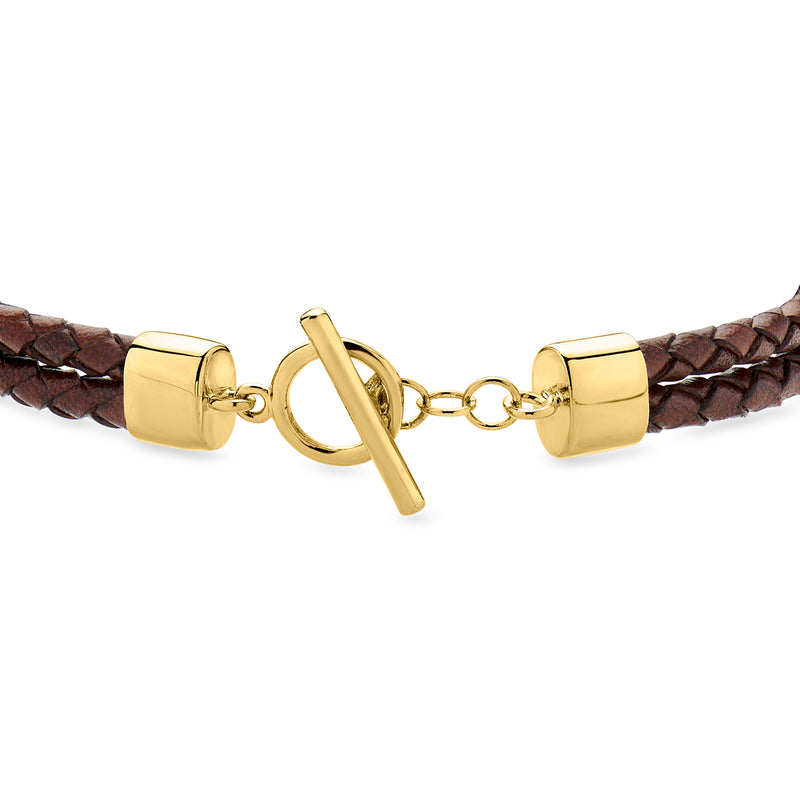 Brown braided leather bracelet with gold-tone toggle bar and clasp