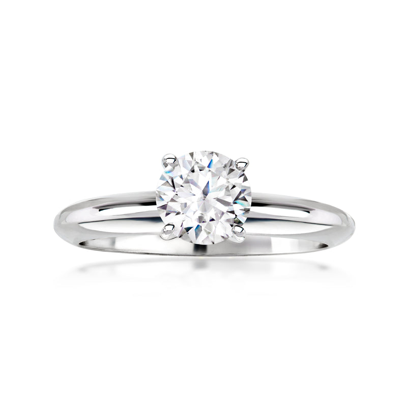 14kt white gold diamond solitaire ring with round center stone and four prongs