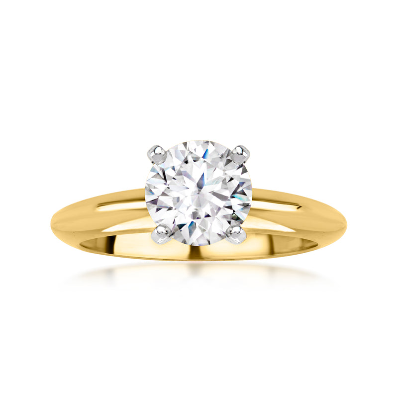 14kt yellow gold solitaire ring with round diamond center and four-prong setting