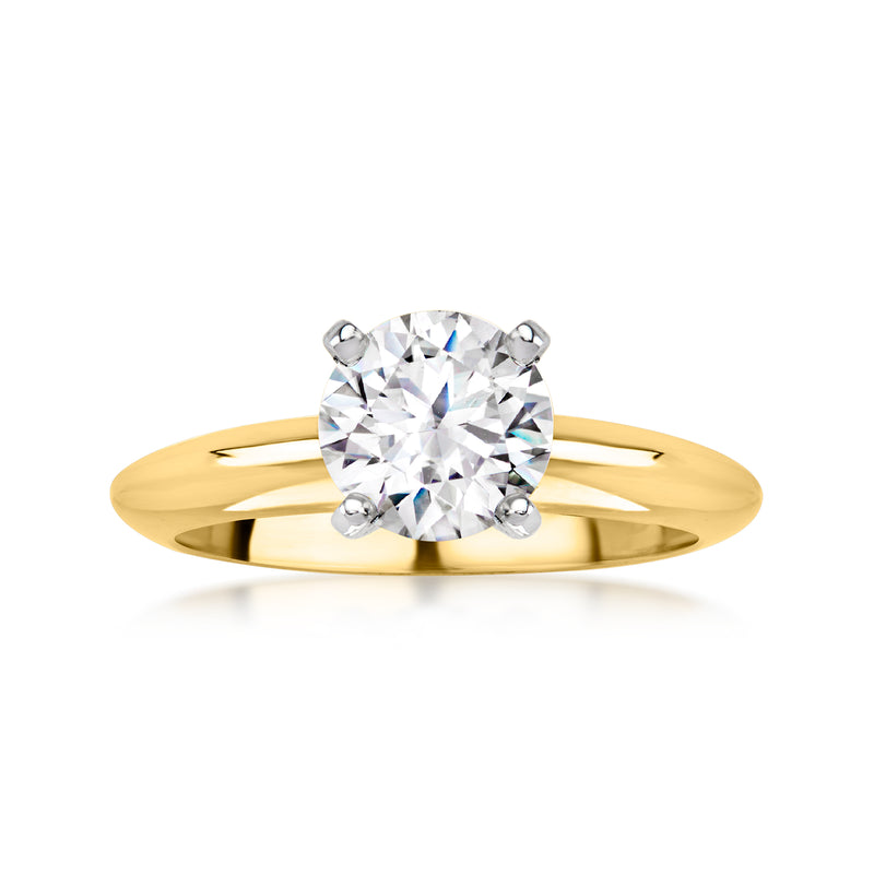 14kt yellow gold solitaire diamond ring, round center stone, four-prong setting