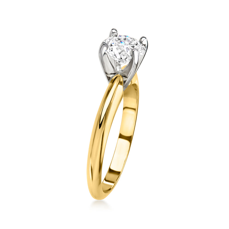 Yellow gold solitaire diamond ring side view, round diamond in four-prong setting