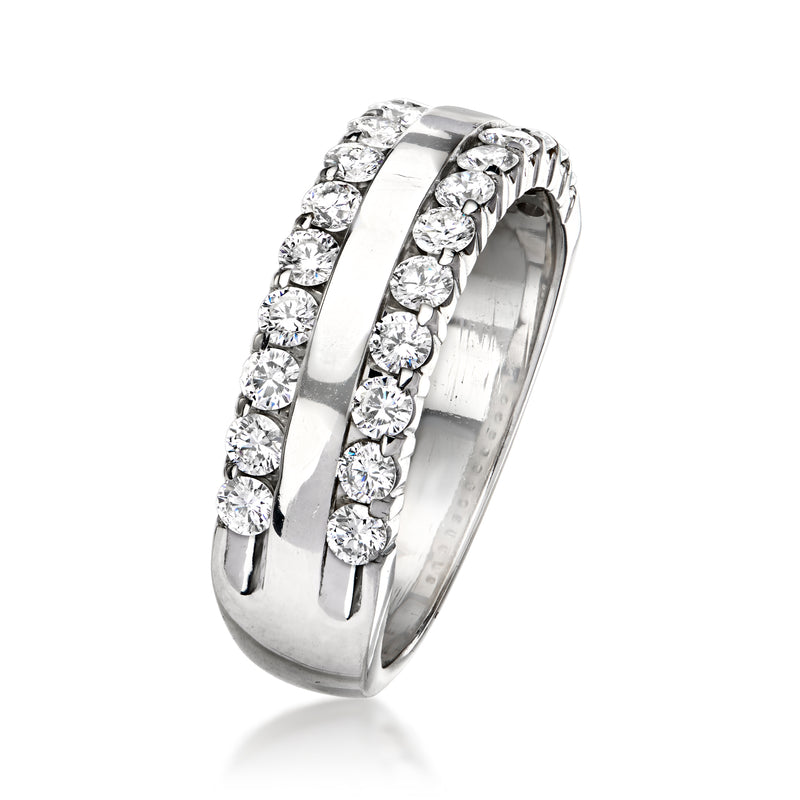 Two-row diamond band ring on 14kt white gold, prong-set round stones