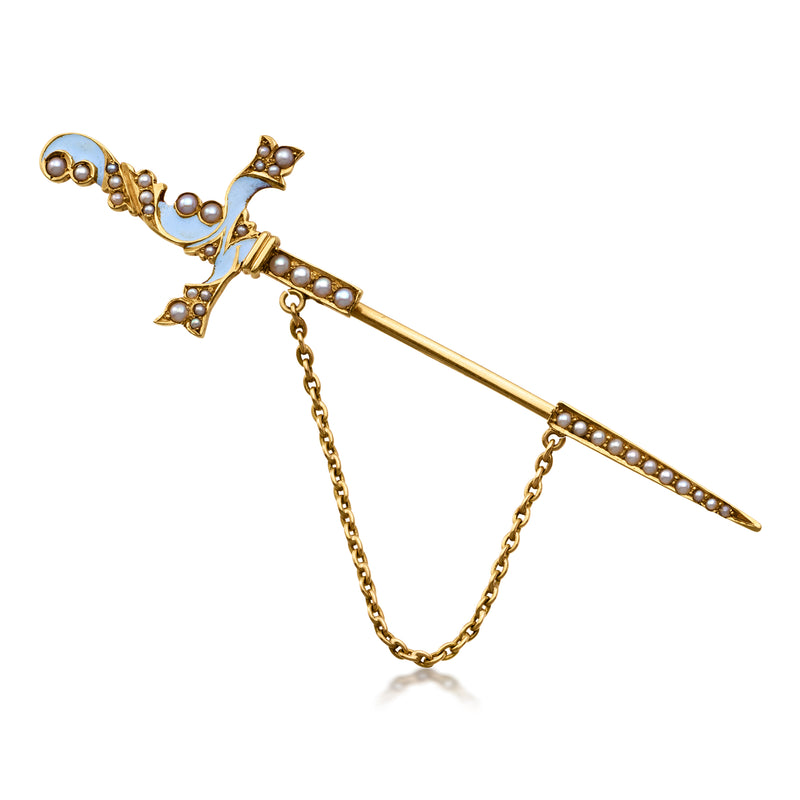 Vintage sword pin in blue enamel with seed pearl accents, 14kt yellow gold frame