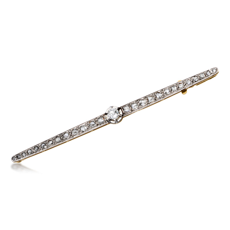 Vintage diamond bar pin with round stones in platinum with yellow gold frame, pin back