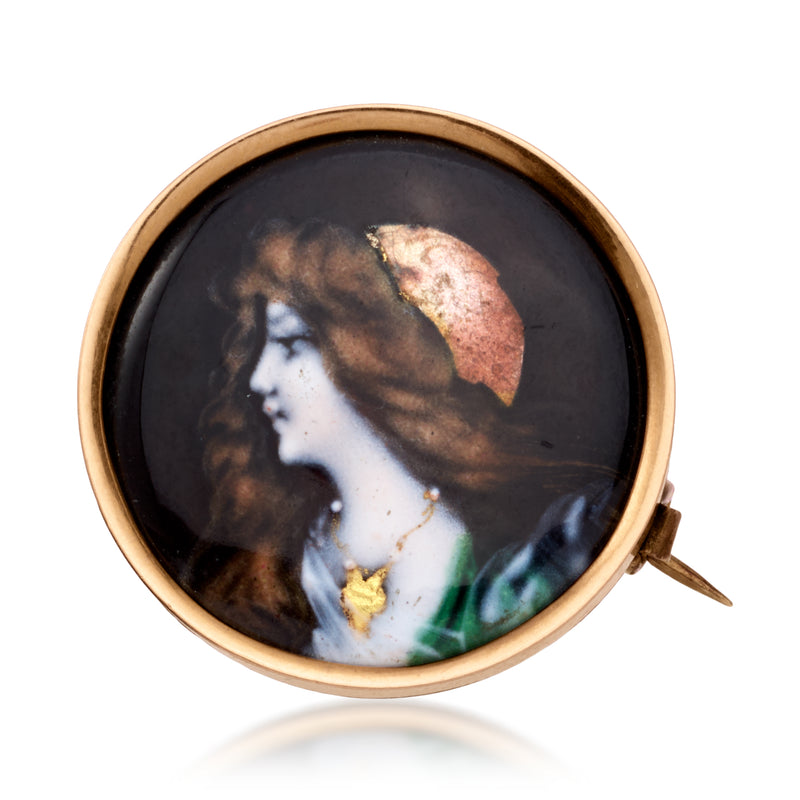 Vintage round portrait pin with painted enamel, rose gold frame and small pin clasp