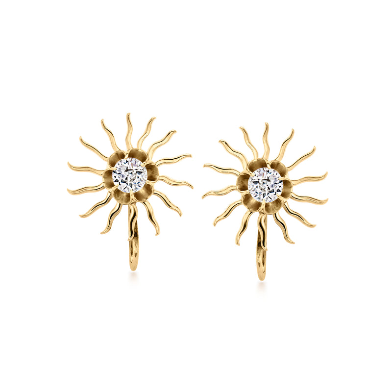 Vintage 14kt yellow gold sunburst diamond clip earrings with round center stone