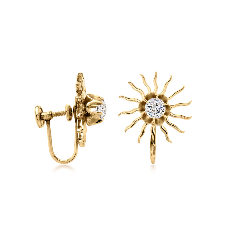 Vintage 14kt yellow gold sunburst diamond clip earrings, side view with secure clasp