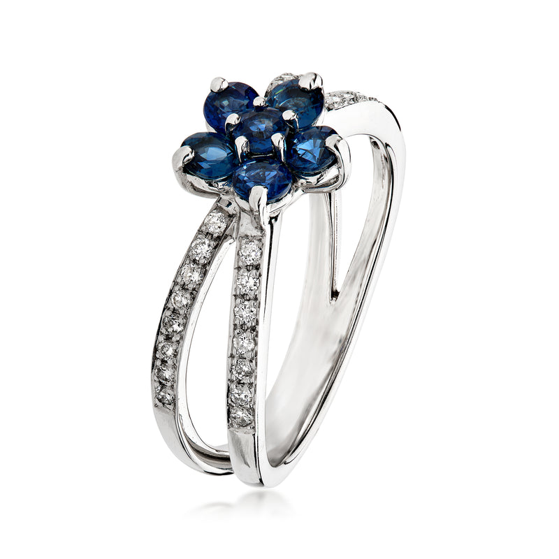 14kt white gold sapphire flower ring with diamond-accented split shank