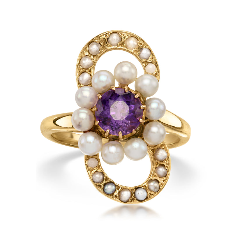 Vintage yellow gold ring with purple amethyst center and white cultured pearls