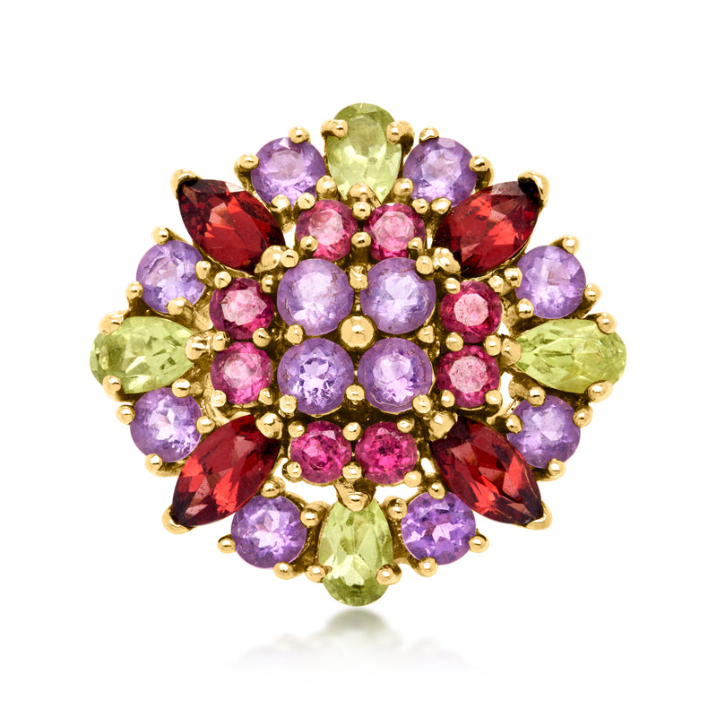 Vintage yellow gold cluster ring with purple, pink, red, and green gemstones
