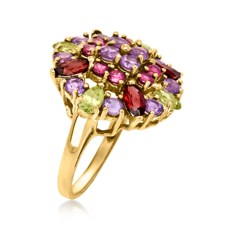 Vintage yellow gold cluster ring, side view, with purple, pink, red, and green gemstones
