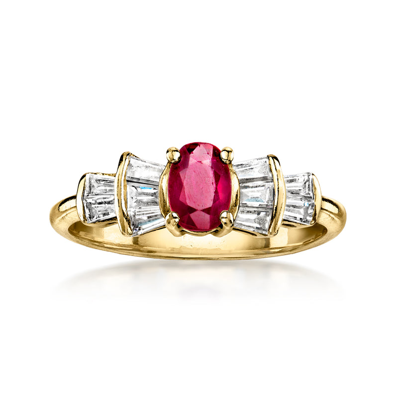 14kt yellow gold ring with oval ruby center and baguette diamond accents