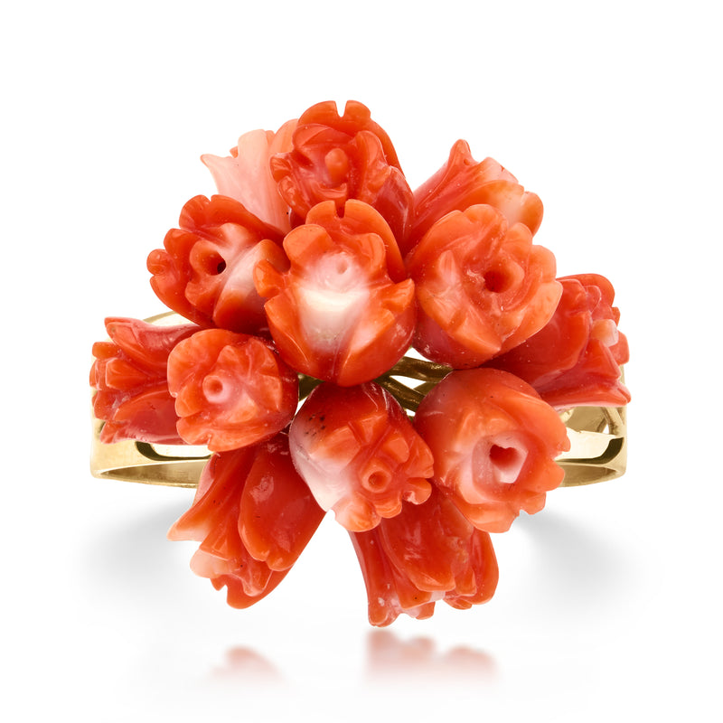 Orange coral flower ring on 10kt yellow gold band, floral cluster centerpiece