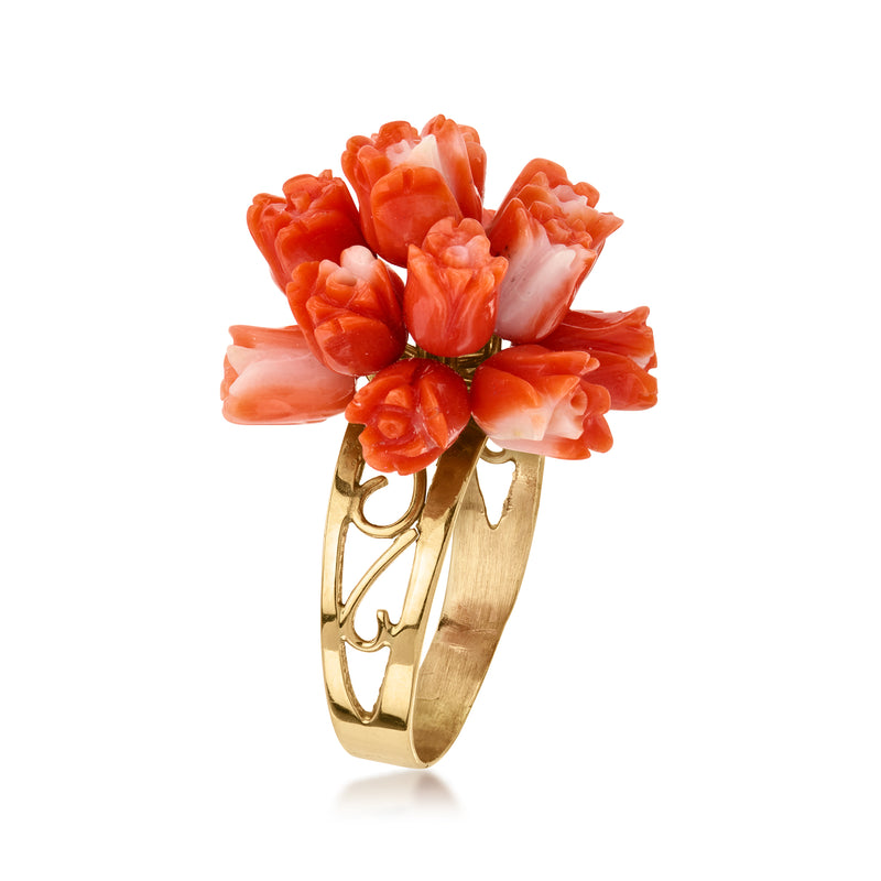Orange coral flower cluster ring with openwork 10kt yellow gold band