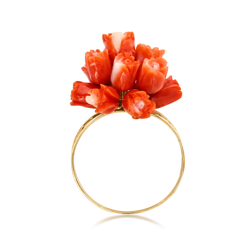 Orange coral floral ring with thin 10kt yellow gold band, round profile