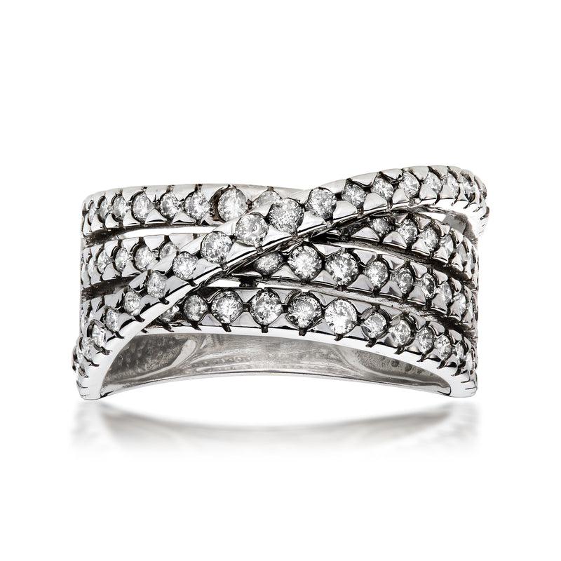 Crisscross diamond band ring in white gold, multiple round-cut stones