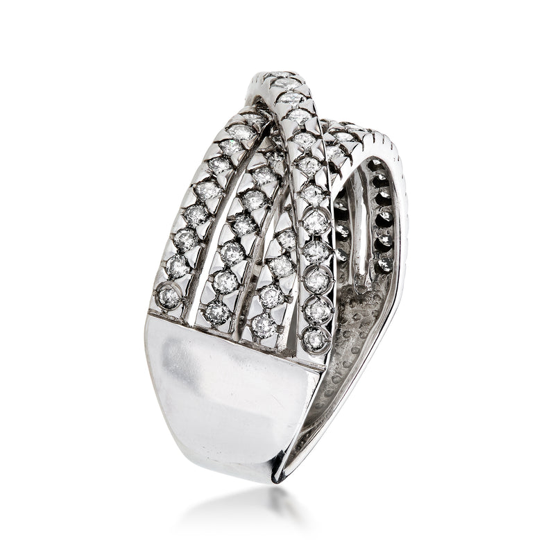White gold crisscross diamond ring with rounded stone rows, side view