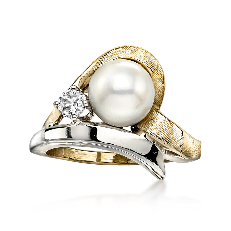 Two-tone gold ring with large white cultured pearl and diamond accents