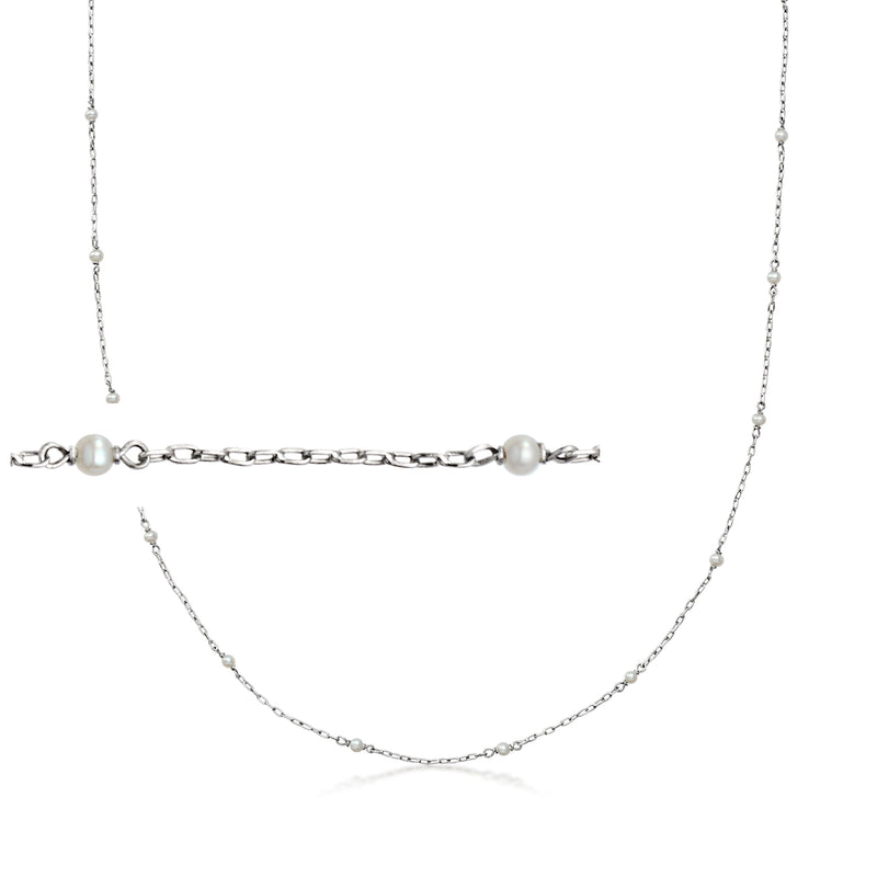 Platinum pearl station necklace with small round cultured pearls on thin chain