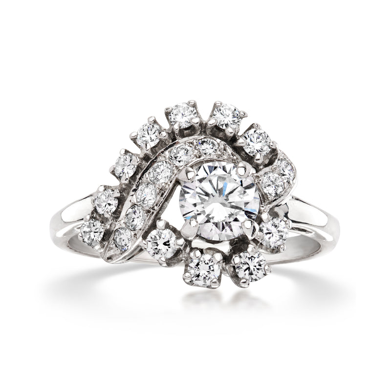 14kt white gold diamond swirl ring with oval halo and round center stone