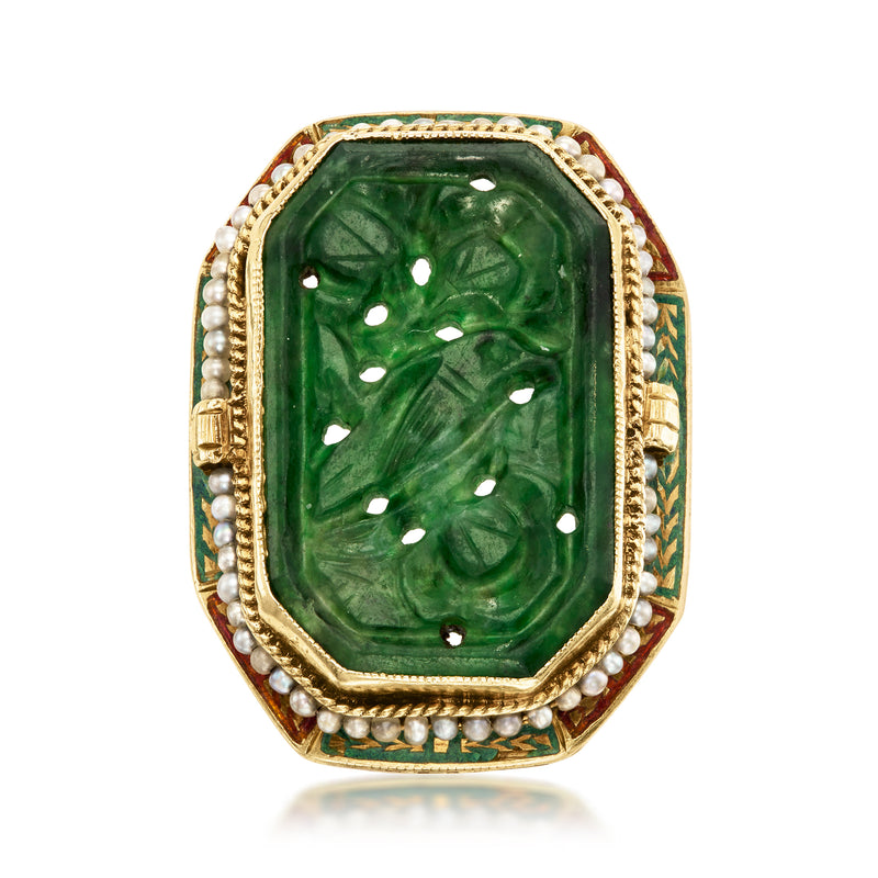 Green carved jade ring with seed pearls and multicolor enamel, 14kt yellow gold