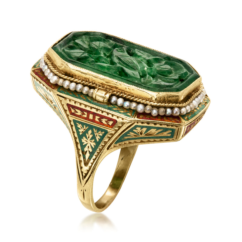 Green jade ring with seed-pearl bezel, multicolor enamel panels, 14kt yellow gold