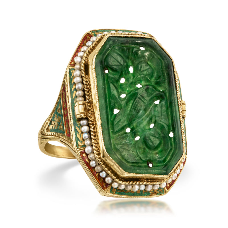 Green carved jade ring with pearl border and multicolor enamel, 14kt yellow gold