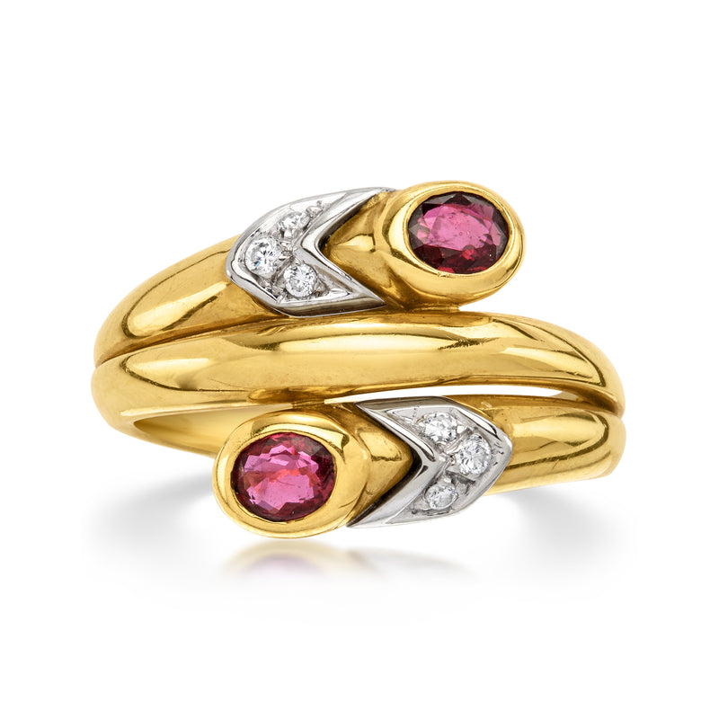 18kt yellow gold bypass ring with round pink ruby and diamond accents, size 7.75