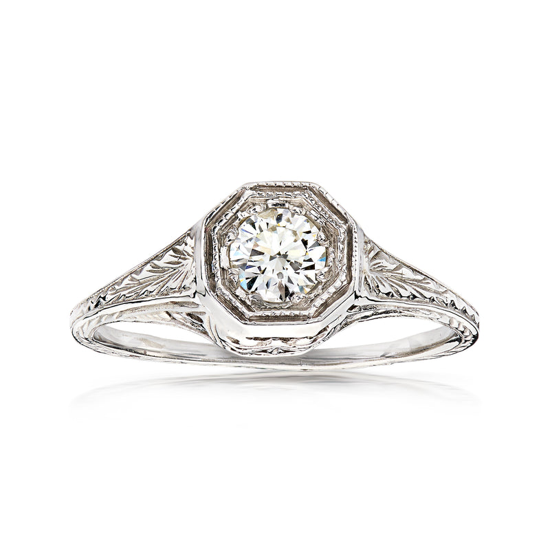 Vintage filigree diamond ring in 14kt white gold, round center stone in octagonal bezel