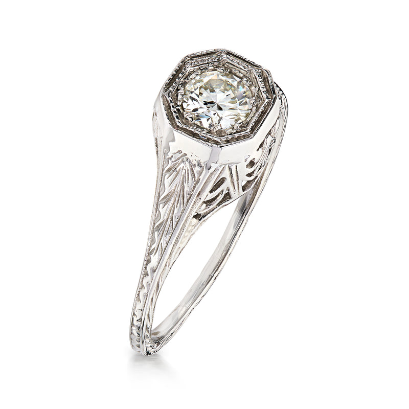 Vintage filigree diamond ring in 14kt white gold, side profile with octagonal raised setting