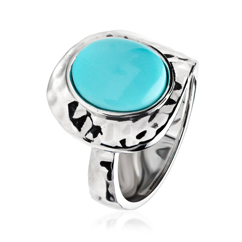 Sterling silver-plated wrap ring with round turquoise cabochon and scalloped bezel