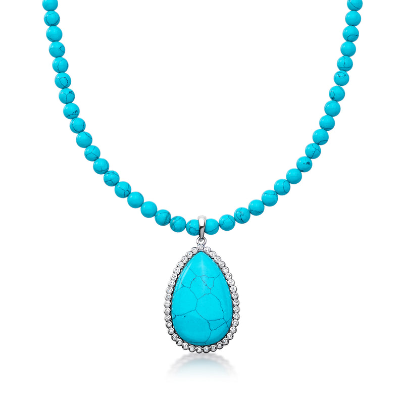 Turquoise beaded necklace with teardrop CZ halo pendant and removable loop, blue teardrop center