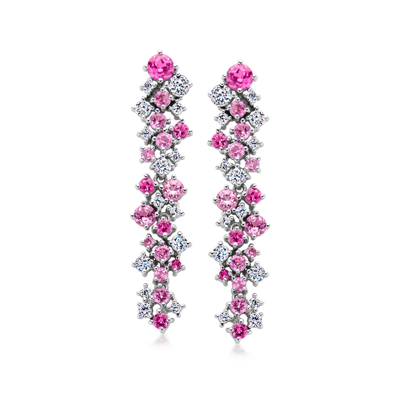 Pink and clear CZ drop earrings on silver-tone links, cascading clustered stones