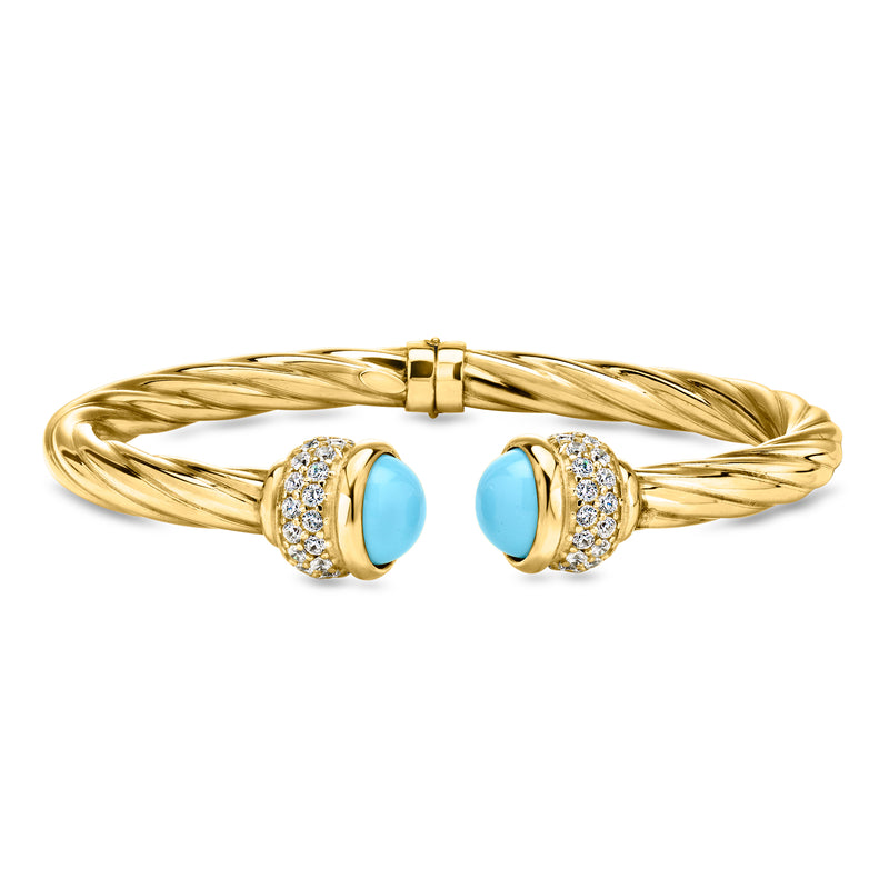 Italian Simulated Turquoise and 1.30 ct. t.w. CZ Twisted Cuff Bracelet in 18kt Gold Over Sterling
