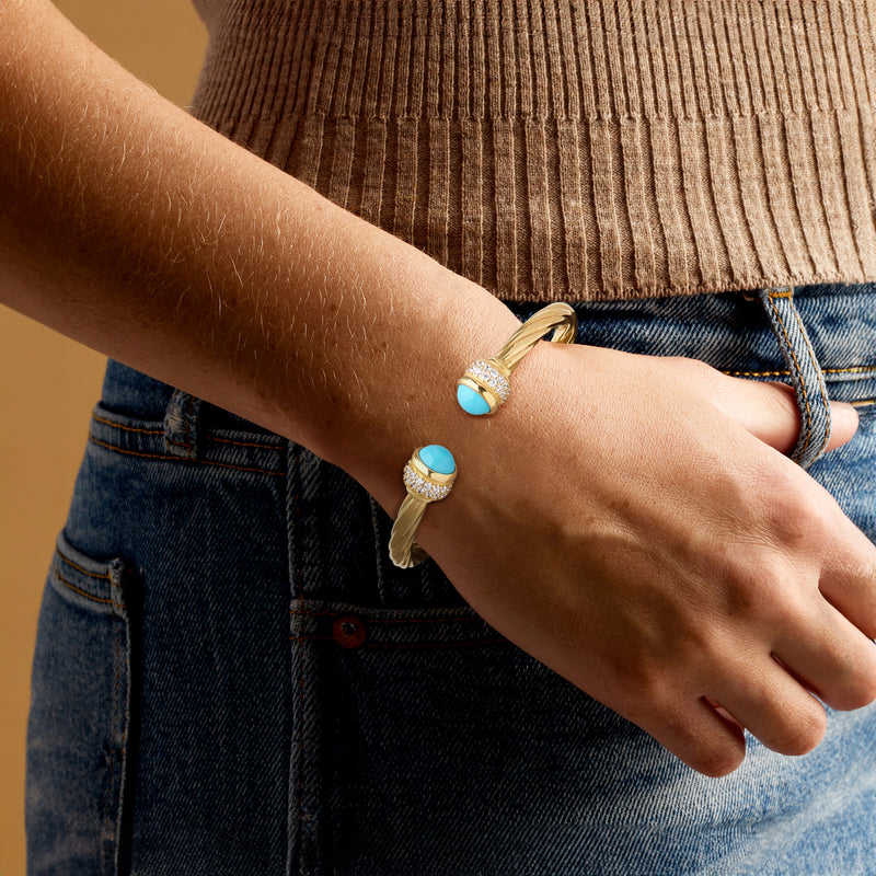 Italian Simulated Turquoise and 1.30 ct. t.w. CZ Twisted Cuff Bracelet in 18kt Gold Over Sterling