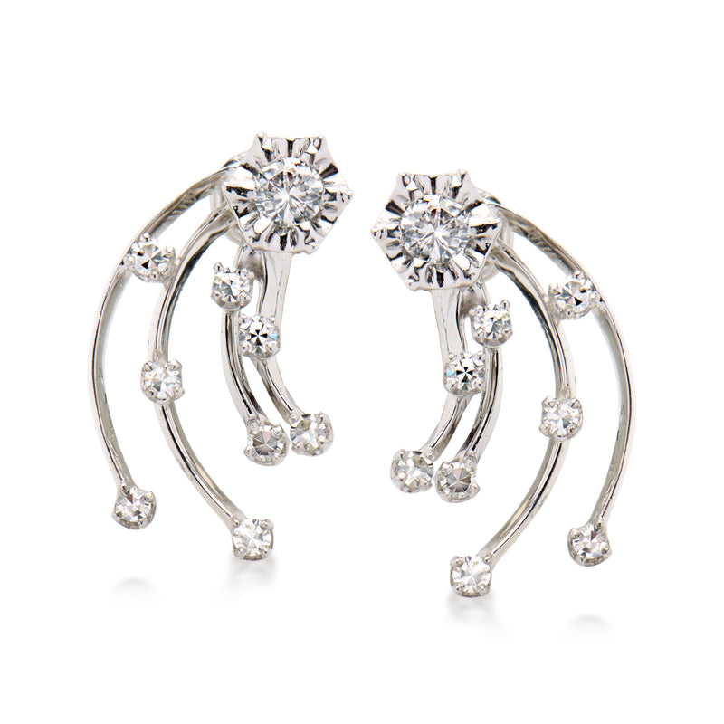 14kt white gold diamond burst clip earrings with arched hoop and dangling stones